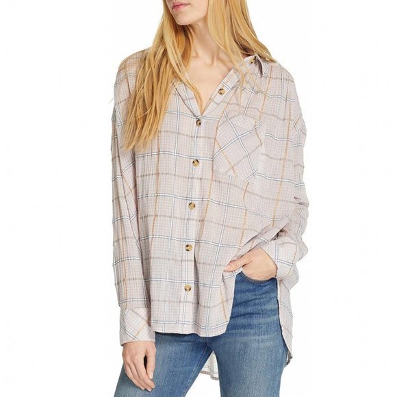 Free‎ People Break My Stride Button Down Oversize Gauzy Plaid Shirt Sz XS - Picture 1 of 8